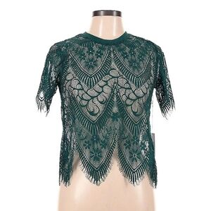 Bishop + Young - Green Lace Short Sleeve Crew Neck Blouse - Size M